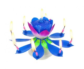 Świeczka grająco-tańcząca, 'Happy Birthday', z fontanną, niebieska, 11,5 cm