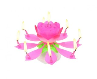 Świeczka grająco-tańcząca, 'Happy Birthday', z fontanną, różowa, 11,5 cm