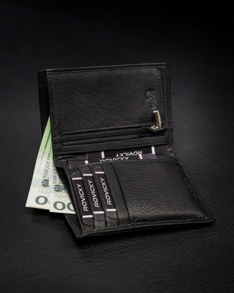 Zgrabny portfel męski ze skóry naturalnej, czarny, ochrona RFID - Rovicky Zgrabny portfel męski ze skóry naturalnej, czarny, ochrona RFID - Rovicky